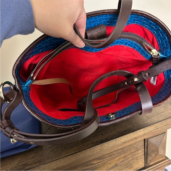 Dooney & Bourke Bright Blue Woven Leather Bucket Bag with Brown Trim - Picture 8 of 13